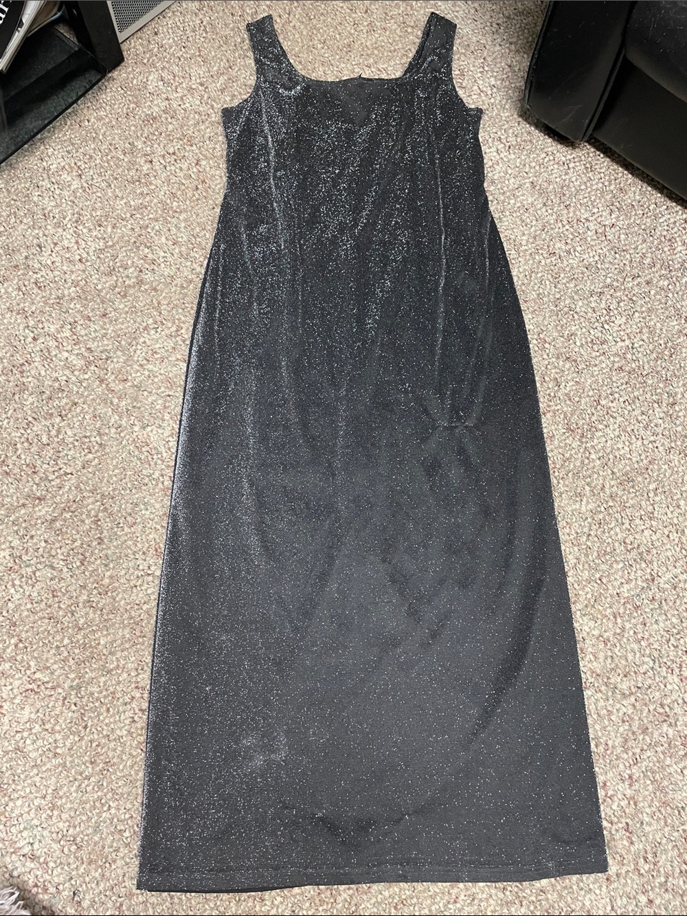 Vintage 90s silver metallic thread Black Sparkle Sleeveless Maxi Dress
